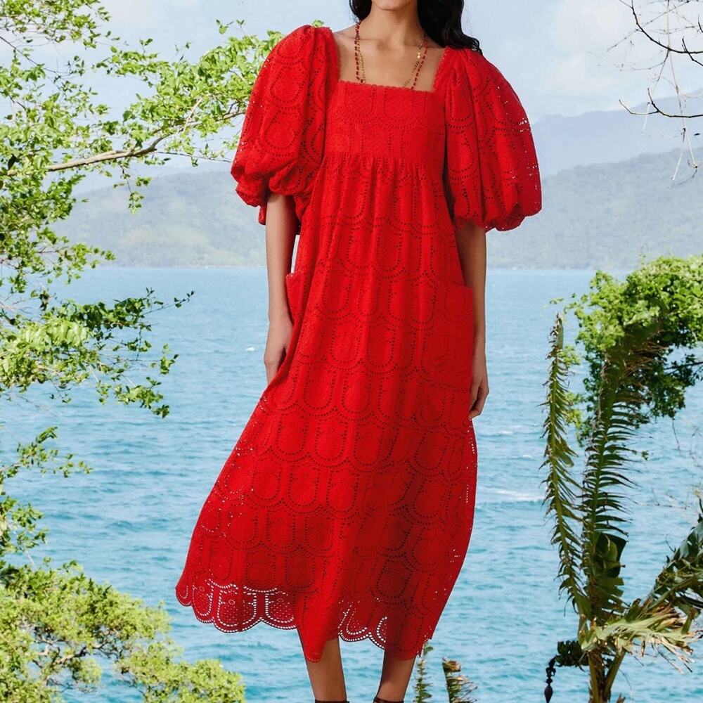 FARM Rio Scarlet Eyelet Maxi Dress with Puff Sleeves